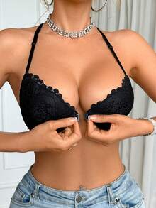 Esselle 1pc Lace Splicing Backless Underwire Front Closure Bra - Black - View 1