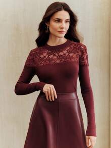 Anewsta Elegant Slim-Fit Women's Sweater With High Neck, Lace Patchwork And Hollow Design, Red, Valentine's Day Outfits For Women - Red - View 4