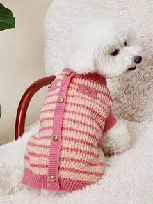 PETSIN 粉色条纹宠物毛衣，保暖狗/猫衣服，秋冬季，小型犬 - 粉色 - 查看 1