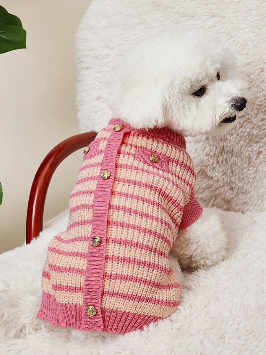 PETSIN 粉色条纹宠物毛衣，保暖狗/猫衣服，秋冬季，小型犬 - 粉色 - 查看 1