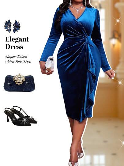Fleurora Autumn And Winter Elegant Retro Work Wedding Cocktail Party Christmas Blue Velvet Knit Deep V Neck Rhinestone Ruffle New Arrival Tight Dress Plus Size Dress Formal Dress Prom Dress