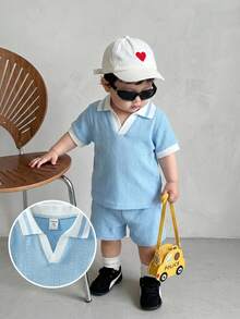 SHEIN Vintaside Kids 2pcs 0-3 Years Baby Boy/Girl/Unisex Infant Summer Blue Set, Collared Short Sleeve Top Paired With Matching Shorts, Minimalist Style No Pattern, Loose Fit, Suitable For Outings, Casual Home, Light Sports, Baby/Summer Outfit, Baby/Outdoor Wear Baby Boy Summer Outfit Blue Baby Boy Outfit Baby Boy Shorts Set Baby Boy Polo Set Boy Baby Casual Sets Baby Boy Clothes Baby Boy Clothes Boy Clothes Sets Blue Two Piece Set Baby Blue Vintage Baby Boy Outfit Baby Clothes Set Summer - Blue - View 8