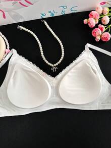 1pc Women's Heart Print Contrast Lace Wireless Bra - White - View 2