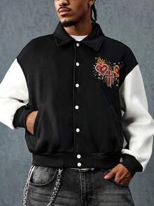 ROMWE MEN Street Life Men's Cross & Heart Print Patchwork Long Sleeve Casual Jacket - Black - View 6