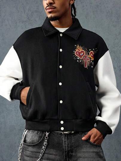 Street Life Giacca casual da uomo con stampa a croce e cuore, manica lunga, effetto patchwork