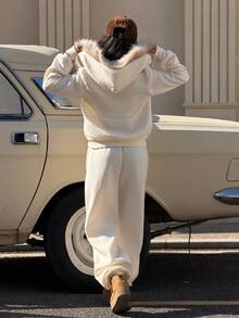 Muchica 2 件女式秋冬休闲毛绒加厚毛领连帽衫和运动裤套装万圣节服装女式圣诞服装哥特式女装 - 米色 - 查看 2