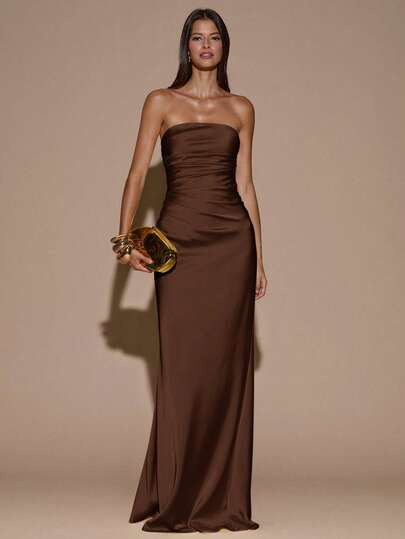 SHEIN BAE Autumn/Winter Women's Sexy Minimalist Solid Color Cream Yellow Ruched Backless Mermaid Dress, Suitable For Parties, Cocktail Events, Formal Occasions, Bridesmaid Dresses, Birthday Dresses, Yellow Satin Formal Gown, Christmas, Banquet, Business Casual Brown Wedding Guest Dress Brown Bridesmaid Dress