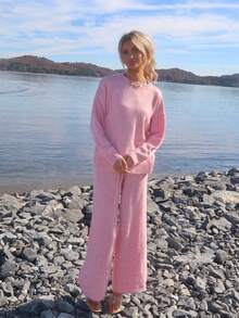 Sydney Algeri 2pcs Women Casual Loose Fit Drop Shoulder Long Sleeve Sweater And Knit Pants Set, Autumn