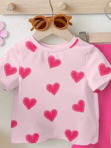 一套女婴休闲时尚可爱甜心印花圆领短袖T恤和喇叭裤套装，适合情人节和日常穿着。 - 彩色 - 查看 4