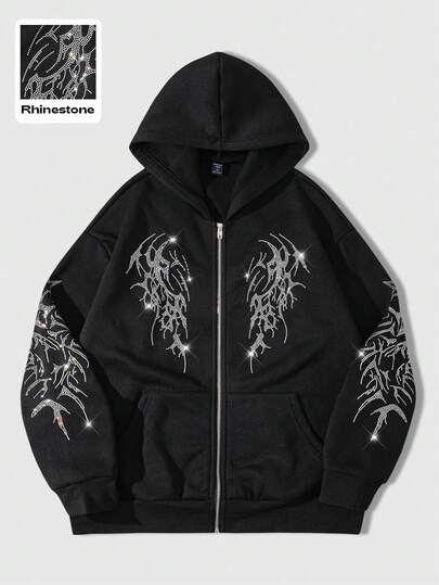 Sweat-shirt à capuche casual à manches longues avec décoration de strass pour hommes