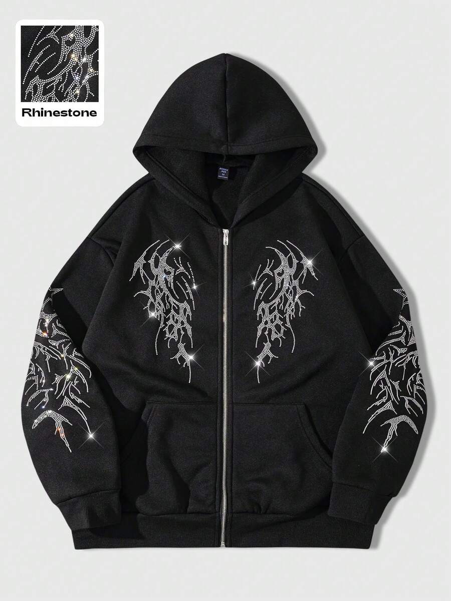 ROMWE MEN Áo nỉ trùm đầu tay dài thường ngày đính đá trang trí cho nam - màu đen - Xem 1