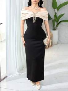 Feyla Women's Elegant Party Color Block Off Shoulder Rhinestone Decor Dress - Black - View 7