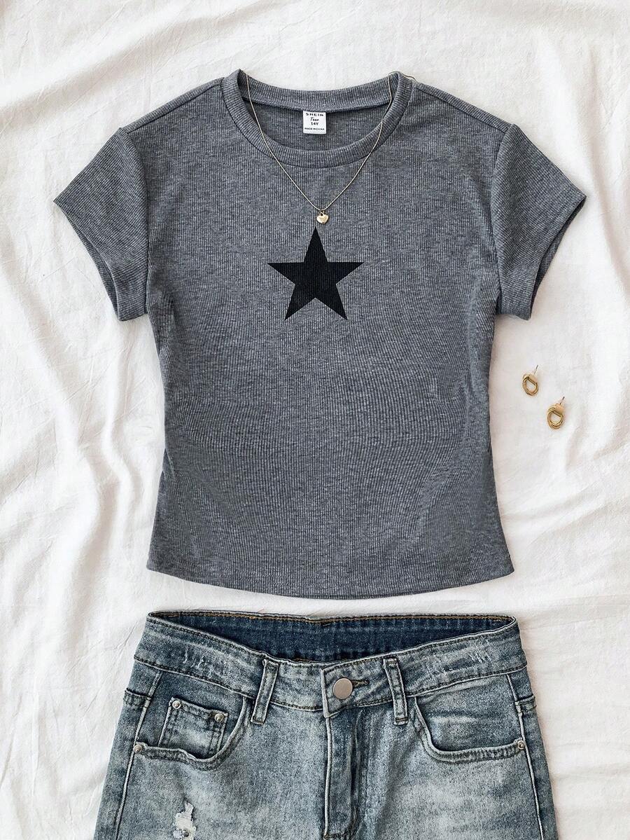 SHEIN 少女纯色星形图案褶皱圆领短袖T恤 - 深灰色 - 查看 1