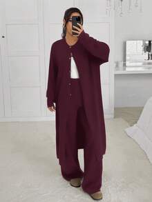 SHEIN EZwear 女士纯色简约毛衣裤套装，休闲日常穿着 - 酒紅色 - 查看 5