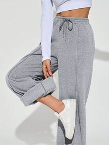 SHEIN PETITE 女士纯色抽绳腰阔腿宽松休闲运动裤，适合毕业季、返校季穿着，也适合教师穿着。 - 彩色 - 查看 13