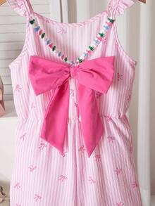 SHEIN Sparklyn Mono informal y lindo con volantes y lazo en las mangas para niñas - Rosa - Ver 5