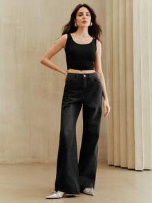 Anewsta Women's Elegant Romantic Rhinestone Embellished Black Straight Leg Jeans, Spring/Summer - Black - View 7