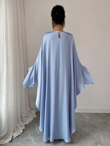 Rafferiza Women's Elegant Solid Color Faux Pearl Trim Cloak Shawl Style Maxi Dress, Muslim Abaya, Baby Blue, Suitable For Wedding Guests, Formal Occasions, Gentle And Graceful Style Elegant Women's Long Blue Fabric Dress With Asymmetrical Cloak Sleeves And Shining Pearl Detail Scoop Neck - Blue - View 2