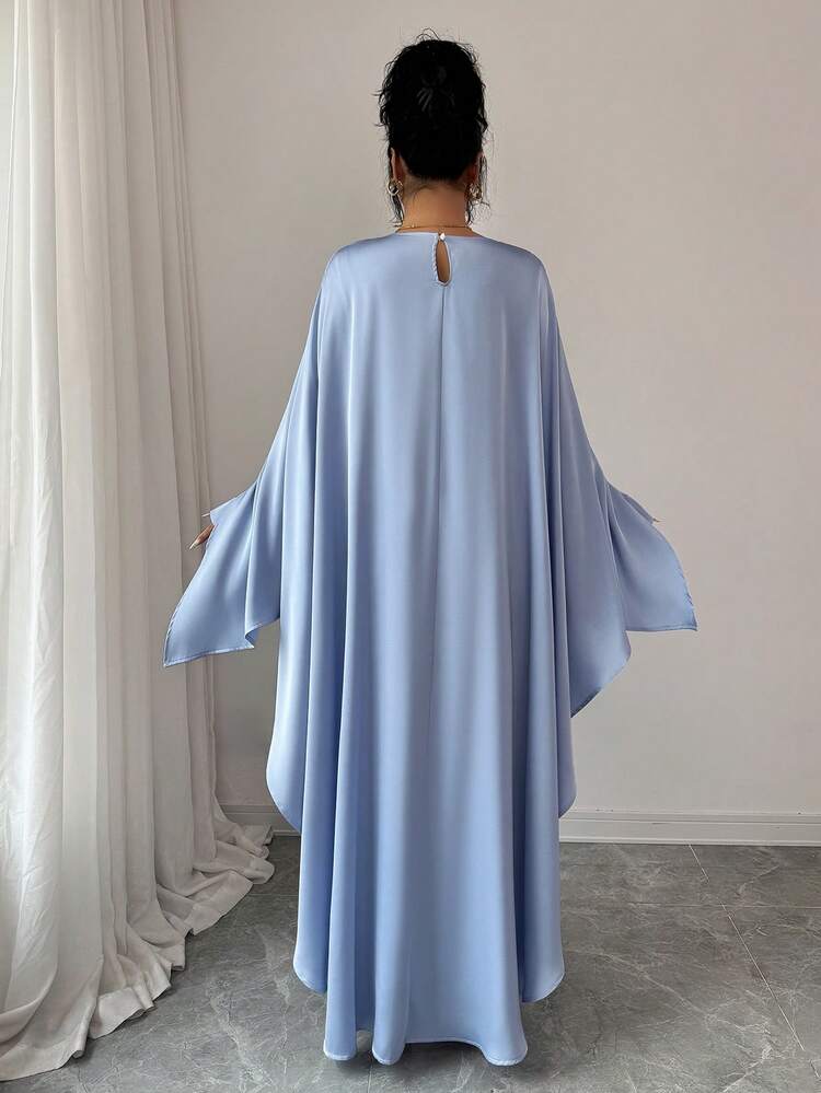 Rafferiza 女士优雅纯色仿珍珠饰边披肩式长裙，穆斯林长袍，浅蓝色，适合婚礼宾客、正式场合，温柔优雅风格 - 藍色 - 查看 2