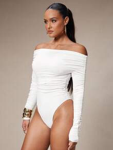 Silquee Women's Solid Color Off-Shoulder Ruched Fashionable Versatile Vacation Party Long Sleeve Bodysuit White Tops Women Off Shoulder Tee White Off Shoulder Top Off The Shoulder Top - White - View 5