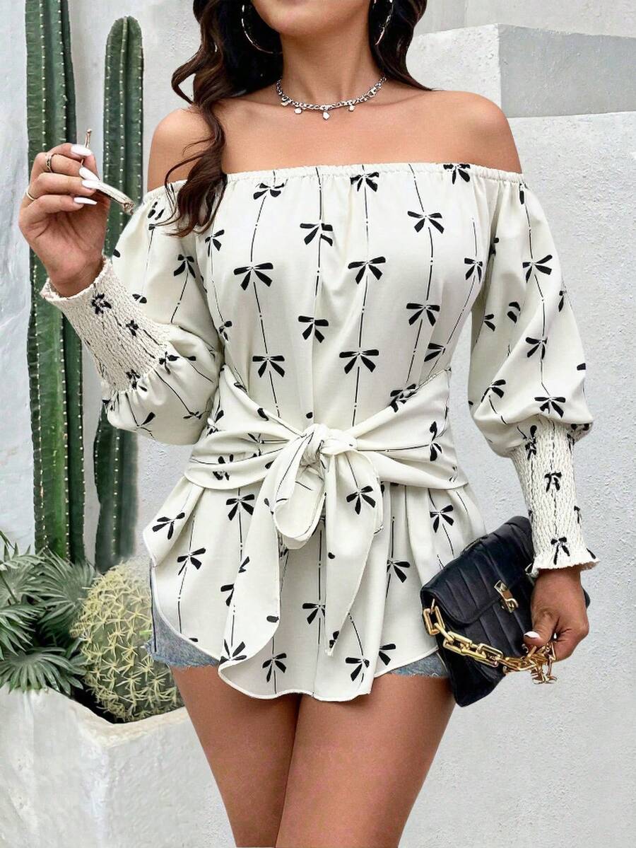 Breezaya Women's Bowknot Stripe Belted Long Sleeve Off Shoulder Blouse Fall Cloth For Women - Multicolor - View 1