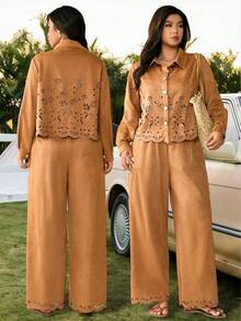 SHEIN LUNE Plus Size Brown Suede Fleece Floral Embroidered Shirt Jacket & Straight Leg Pants 2 Piece Set,Winter Boho Vacation Holiday Western Cowboy Outfit - Brown - View 2