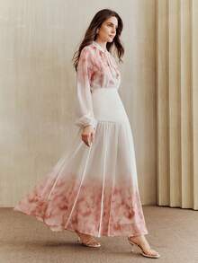Anewsta 优雅粉色渐变印花褶裥喇叭裙和立领花瓣袖渐变印花两件套女装 - 粉色 - 查看 6