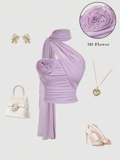 SHEIN MOD 女士优雅纯色3D立体花卉装饰吊带上衣，适合圣诞节、新年、复古、怀旧、下午茶、节日、情人节、乡村风、派对等场合，仙女风，优雅女士衬衫