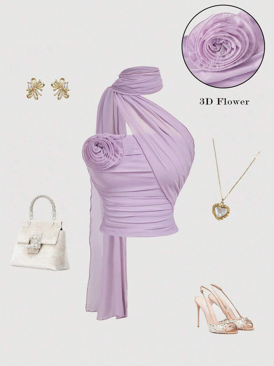 SHEIN MOD 女士优雅纯色3D立体花卉装饰吊带上衣，适合圣诞节、新年、复古、怀旧、下午茶、节日、情人节、乡村风、派对等场合，仙女风，优雅女士衬衫 - 淡紫色 - 查看 1