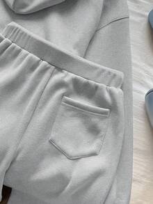 SHEIN EZwear 2 件套女士休闲保暖连帽运动衫和运动裤，浅灰色，秋冬 - 淺灰色 - 查看 3