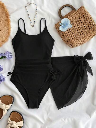 SHEIN Maillot de bain une pièce décontracté pour adolescentes avec jupe cache-maillot, décoré d'1 pièce nœud sur le côté et d'1 pièce motif floral blanc et bleu pour les vacances