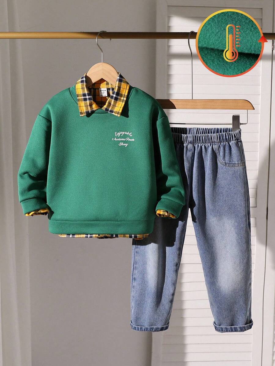 SHEIN 2 件套年轻男孩时尚套装：橄榄绿色针织圆领长袖运动衫和仿口袋牛仔长裤休闲装，适合日常穿着、上学、旅行、度假、休闲、夏季 - 墨綠色 - 查看 1