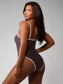 MISSGUIDED Contrast Binding One Piece Scoop Neck Spaghetti Strap Full Coverage Swimsuit High Rise Bottom With White Piping Detail Summer Beach Pool Vacation - Brown - View 2