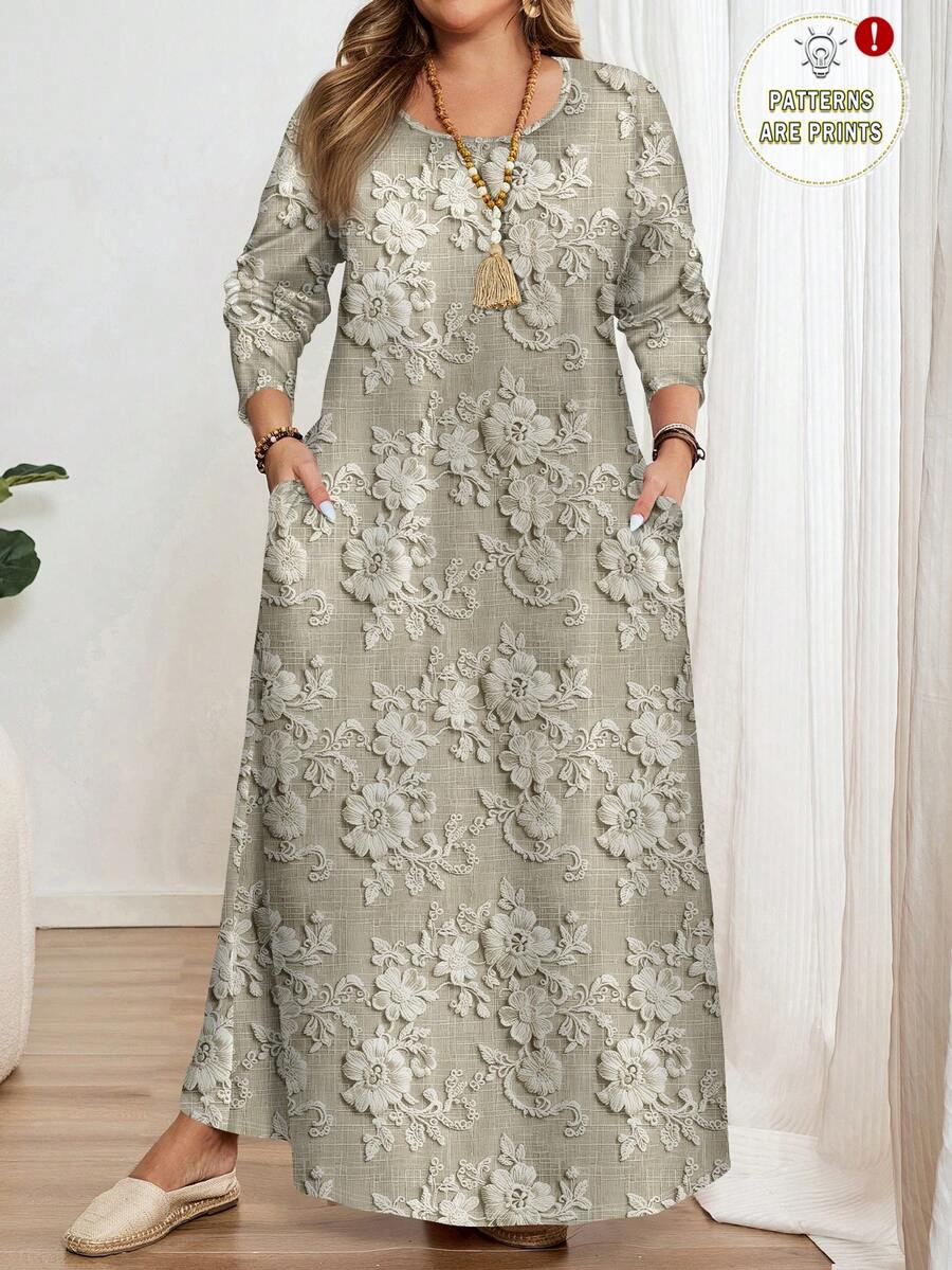 EMERY ROSE Elegant Romantic Embroidered Print Plus Size Long Sleeve Round Neck Dress, Suitable For Party Spring