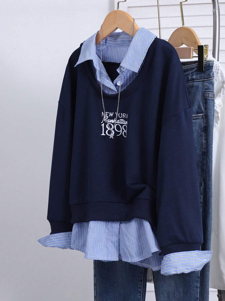 SHEIN 少女休闲韩版卫衣，棕色格子前片搭配灰色纯色针织面料，黑色英文印花，罗纹领口/袖口/下摆，长袖套头衫，适合春、秋、冬三季上学、外出和聚会穿着。 - 藏蓝色 - 查看 1