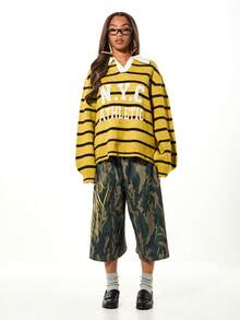 SUMWON WOMEN 超大款落肩条纹长袖V领针织套头衫，饰有NYC Athletic文字印花 - 黃色 - 查看 5