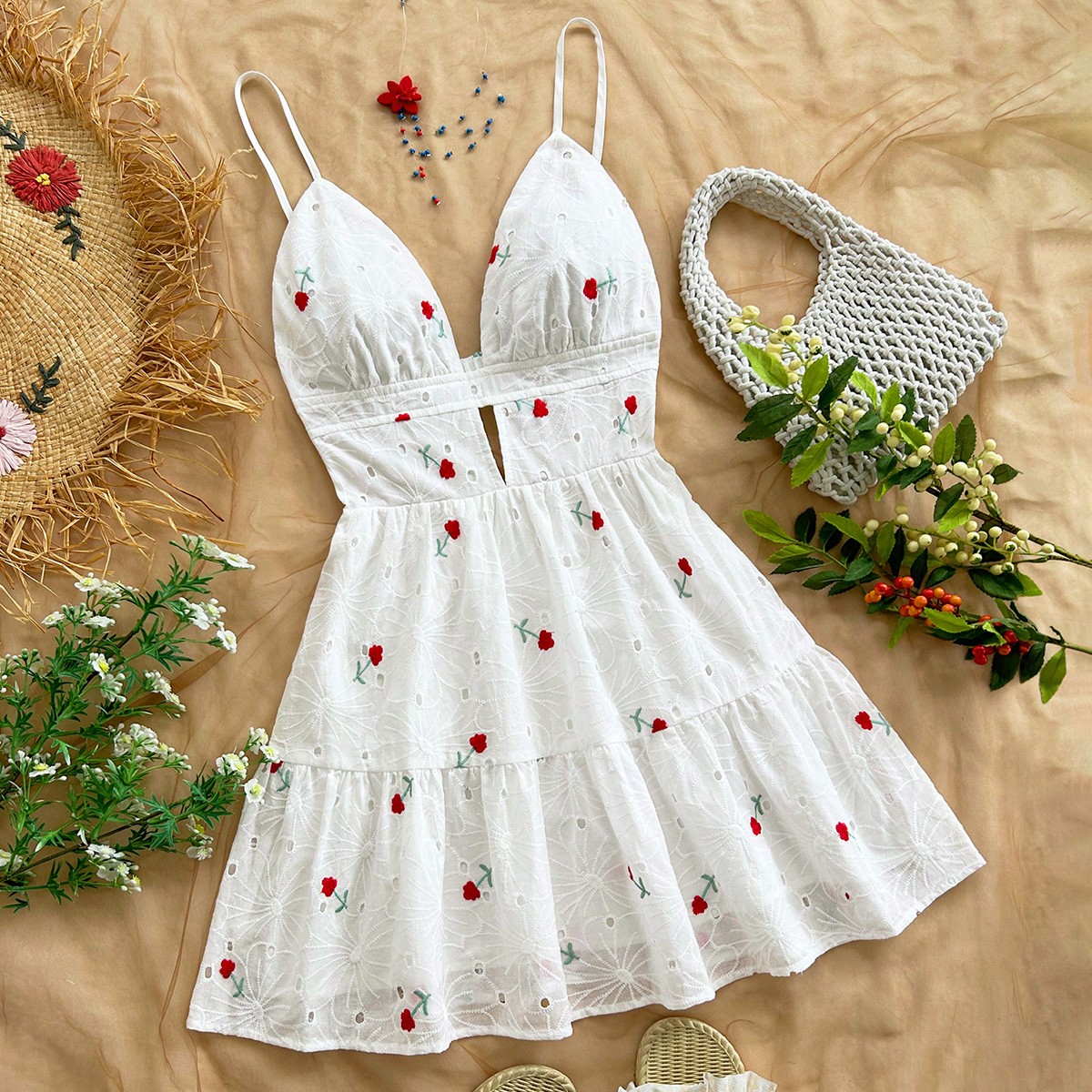 Vacation Casual V-Neck Backless Red Dress