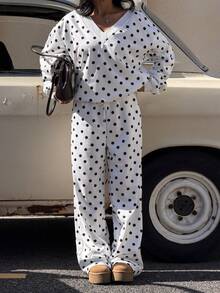 SHEIN EZwear 两件套女士波点宽松V领上衣和裤子套装 - 黑與白 - 查看 5