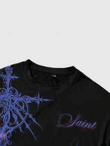 ROMWE MEN Street Life 男士哥特复古十字架印花二合一长袖T恤 - 黑色 - 查看 6