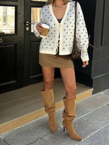 Livesso Women's Polka Dot Tie Front Casual Cardigan, Winter - Black and White - View 4