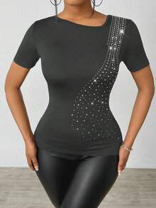 Chiquease Camiseta de moda de manga corta con cuello asimétrico y ajustada para mujer (con adornos de rhinestone) - Gris Oscuro - Ver 8