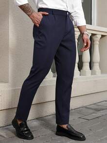 Manfinity Mode 加大码男士休闲口袋纽扣办公通勤西裤男士正装裤男士修身弹力裤男士长裤男士藏蓝色裤子 - 藏蓝色 - 查看 5