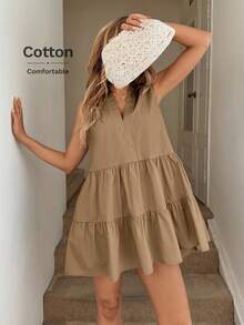 Easowa Women's Casual O-Neck Sleeveless A-Line Frill Trim Pocket Mini Dress For Holiday And Daily Wear Tiered Dress Khaki Dress Tan Dress Women Brown Summer Dress Women Vacation Dress - Khaki - View 4