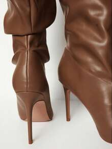 Mnmlis Damskie, szpiczaste, plisowane, modne, uniwersalne buty na wysokim obcasie sięgające do kolan - Kolor khaki - Zobacz 4