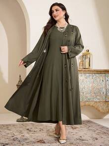 Al Najma 大码女式花卉刺绣长袖宽松阿拉伯长袍套装 - 軍綠色 - 查看 4
