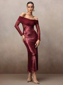 Modelyn Đầm đuôi cá trễ vai, cổ chữ V sâu, tay dài, phối lưới, eo. - Màu Đỏ Sâu - Xem 3