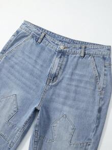 ROMWE MEN Men's Casual Washed Cross Embroidered Denim Jeans - Blue - View 6