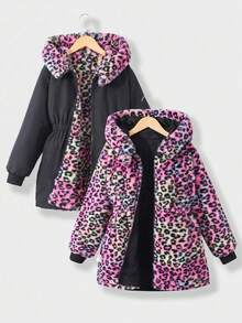 SHEIN 1pc Girls Leopard Print Reversible Fluffy Long Sleeve Windbreaker Jacket, Suitable For Autumn/Winter - Multicolor - View 5