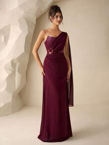 Coutiva Women's Chiffon Strapless Rhinestone Embellished Asymmetric Formal Evening Gown - Burgundy - View 4