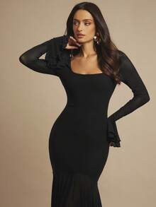 Silquee Váy dài tay bèo nhún cổ vuông màu đỏ tía gợi cảm thanh lịch, thích hợp cho những buổi hẹn hò lãng mạn, đám cưới, tiệc tùng, mặc hàng ngày, tiệc tùng, tụ tập, đi chơi đêm, câu lạc bộ đêm, sự kiện cocktail - màu đen - Xem 5